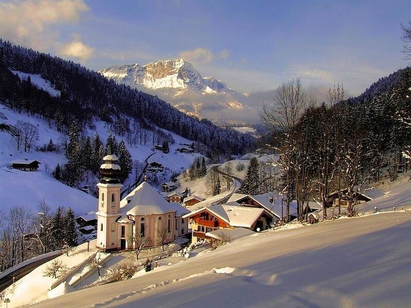Snowy mountain village scene