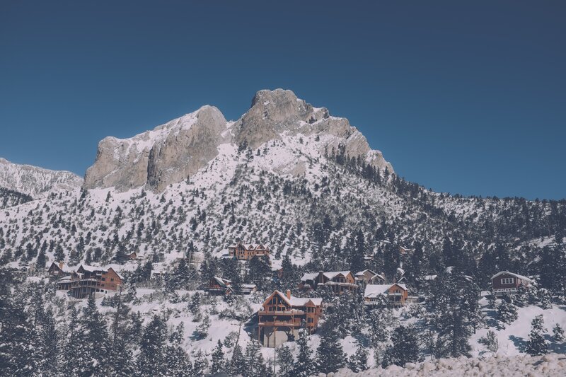 Snowy mountain village scene