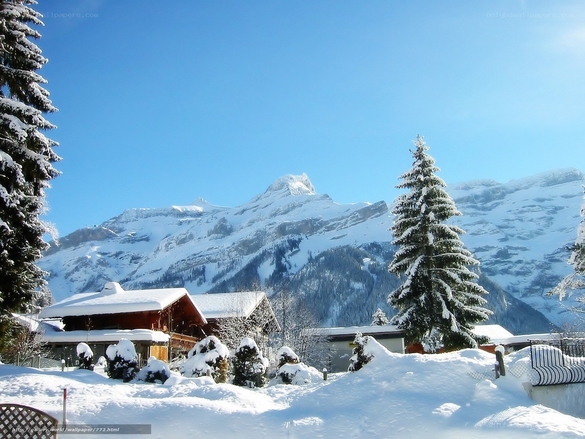 Snowy mountain village scene