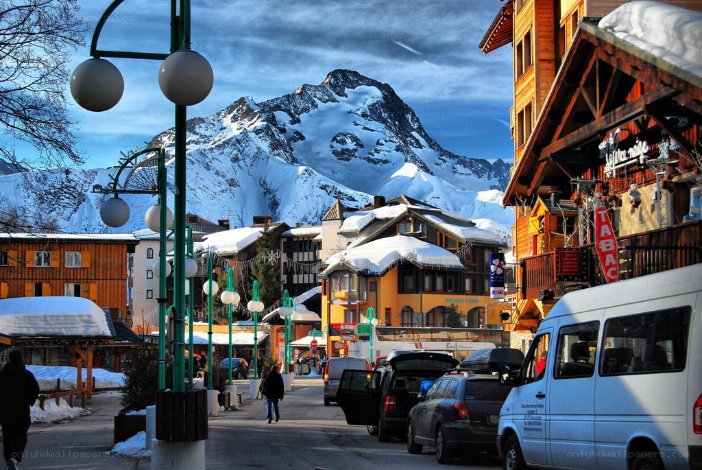 Snowy mountain village street