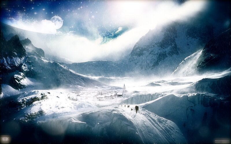 Snowy mountain village under moonlight