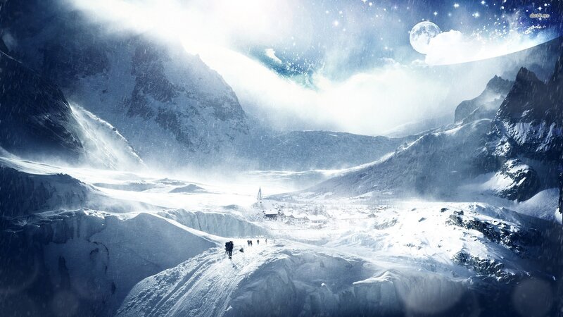 snowy mountain village under moonlight
