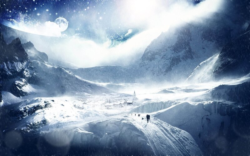 Snowy mountain village under moonlight