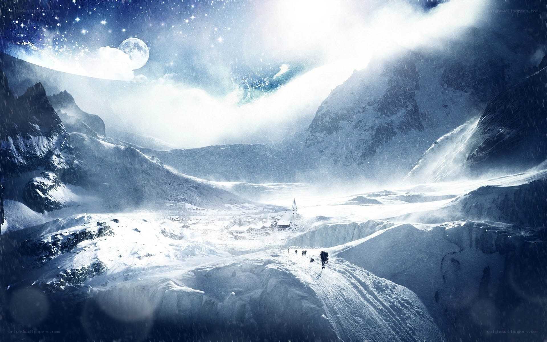 Snowy mountain village under moonlight