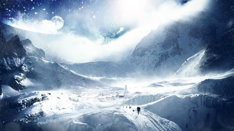 Snowy mountain village under stars