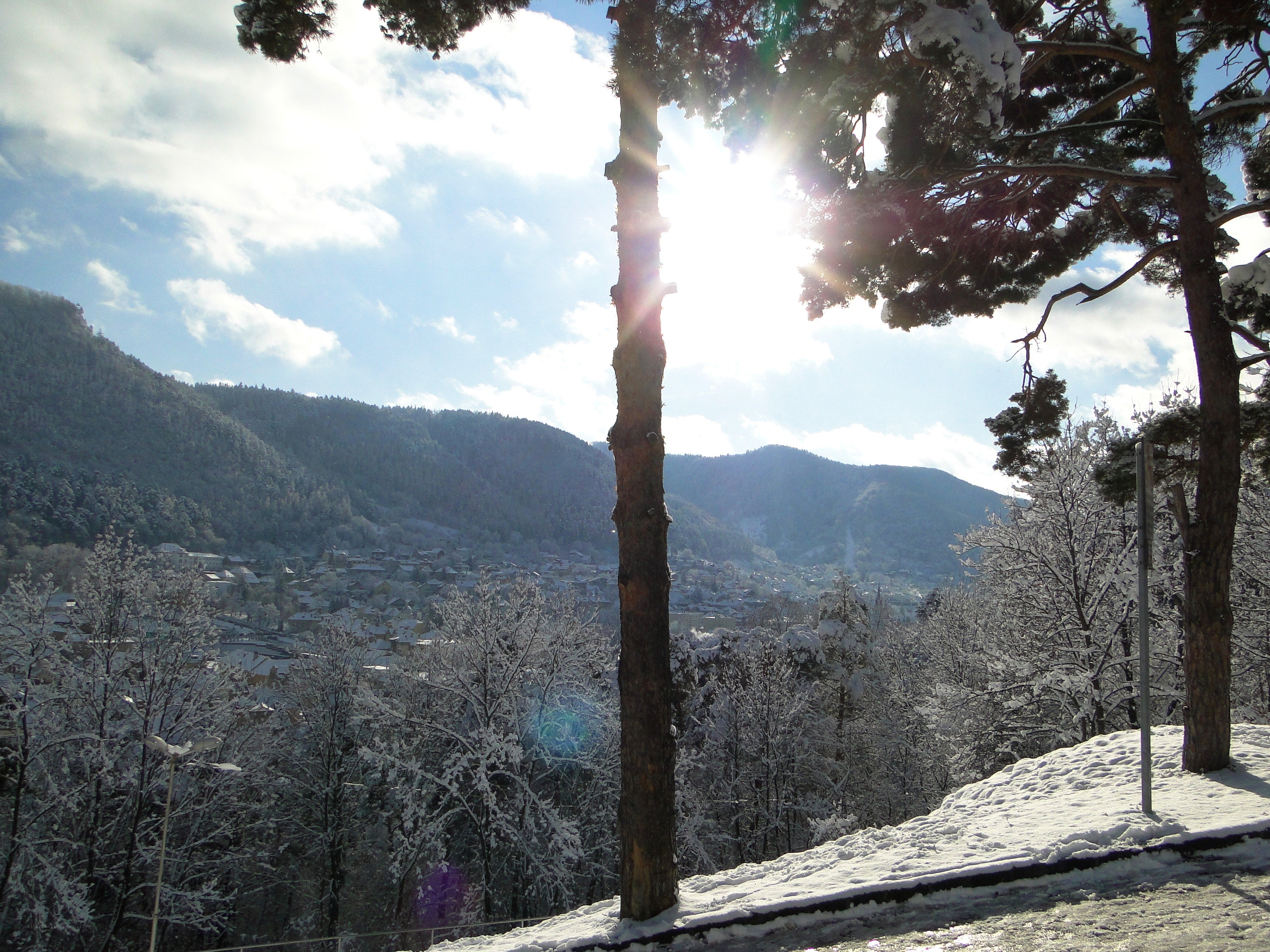 Snowy mountain village view