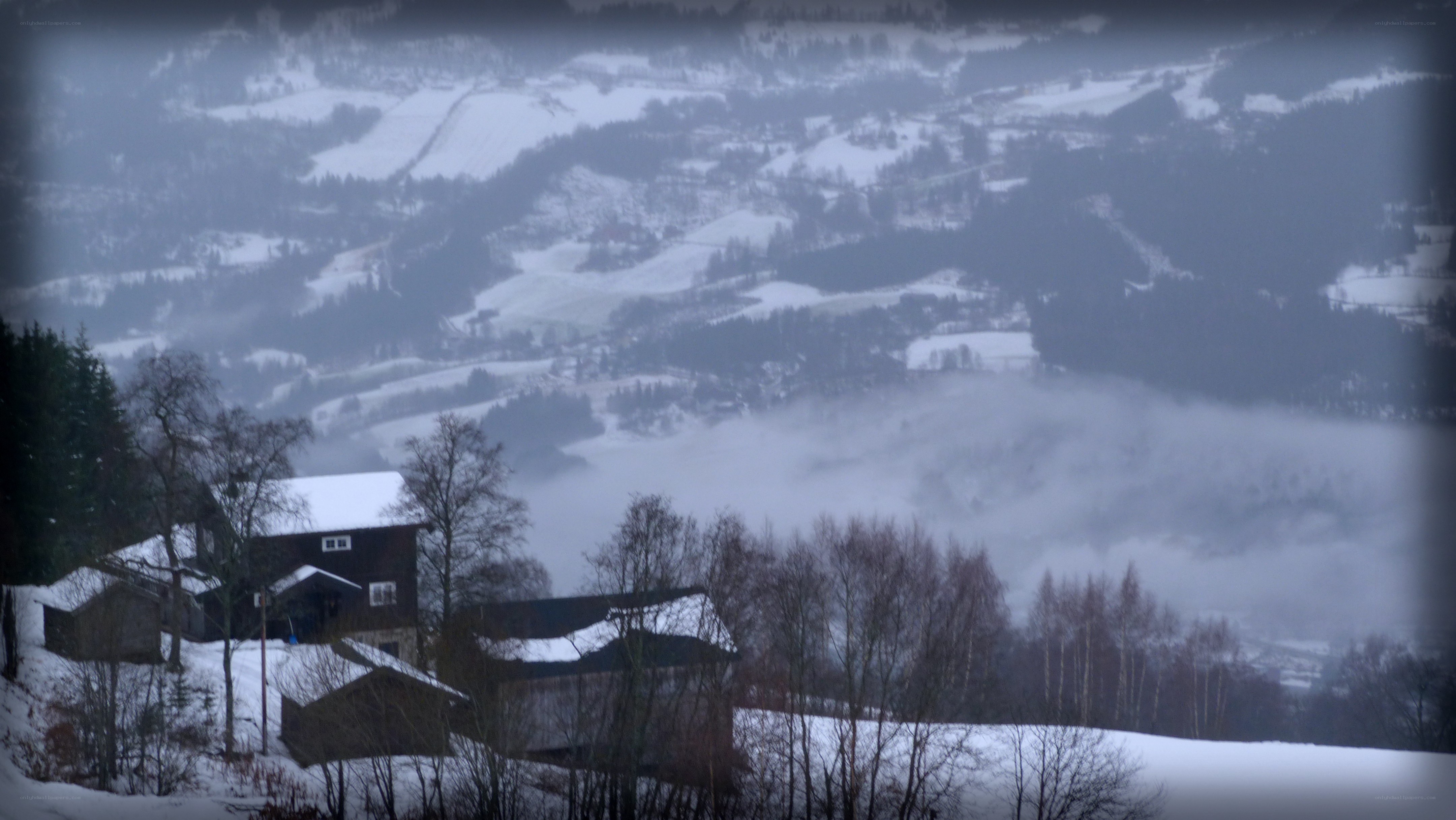Snowy mountain village view