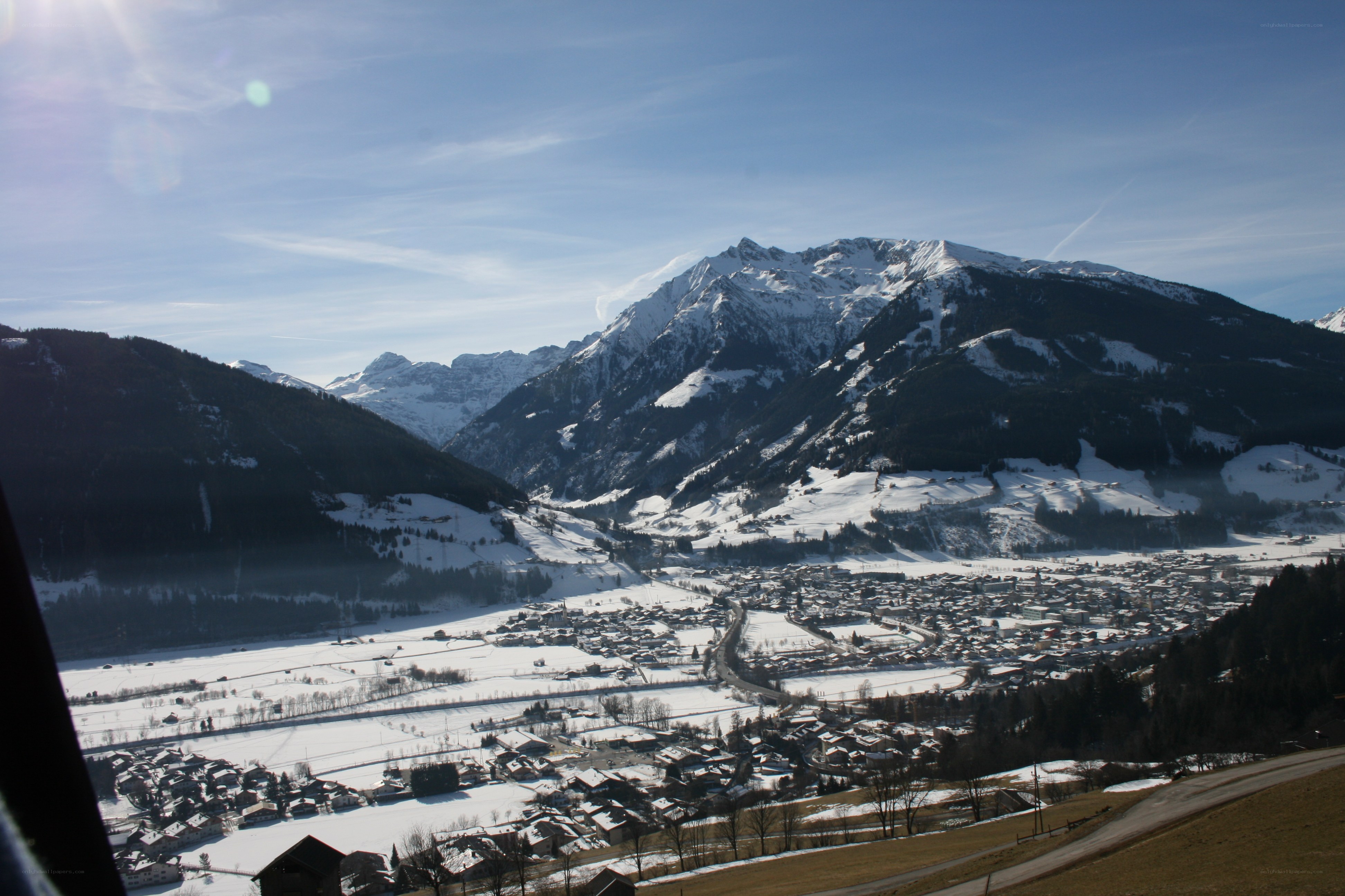 Snowy mountain village view