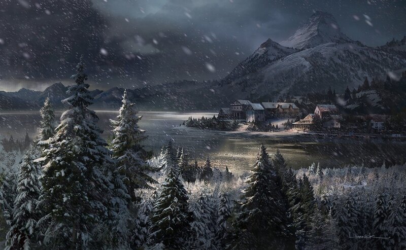 Snowy Mountain Village — White, Dramatic