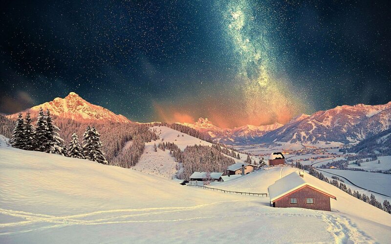 Snowy Mountain Village — White, Serene, Night, Photograph, Mountains, Trees