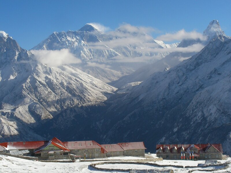 Snowy mountain village with Everest