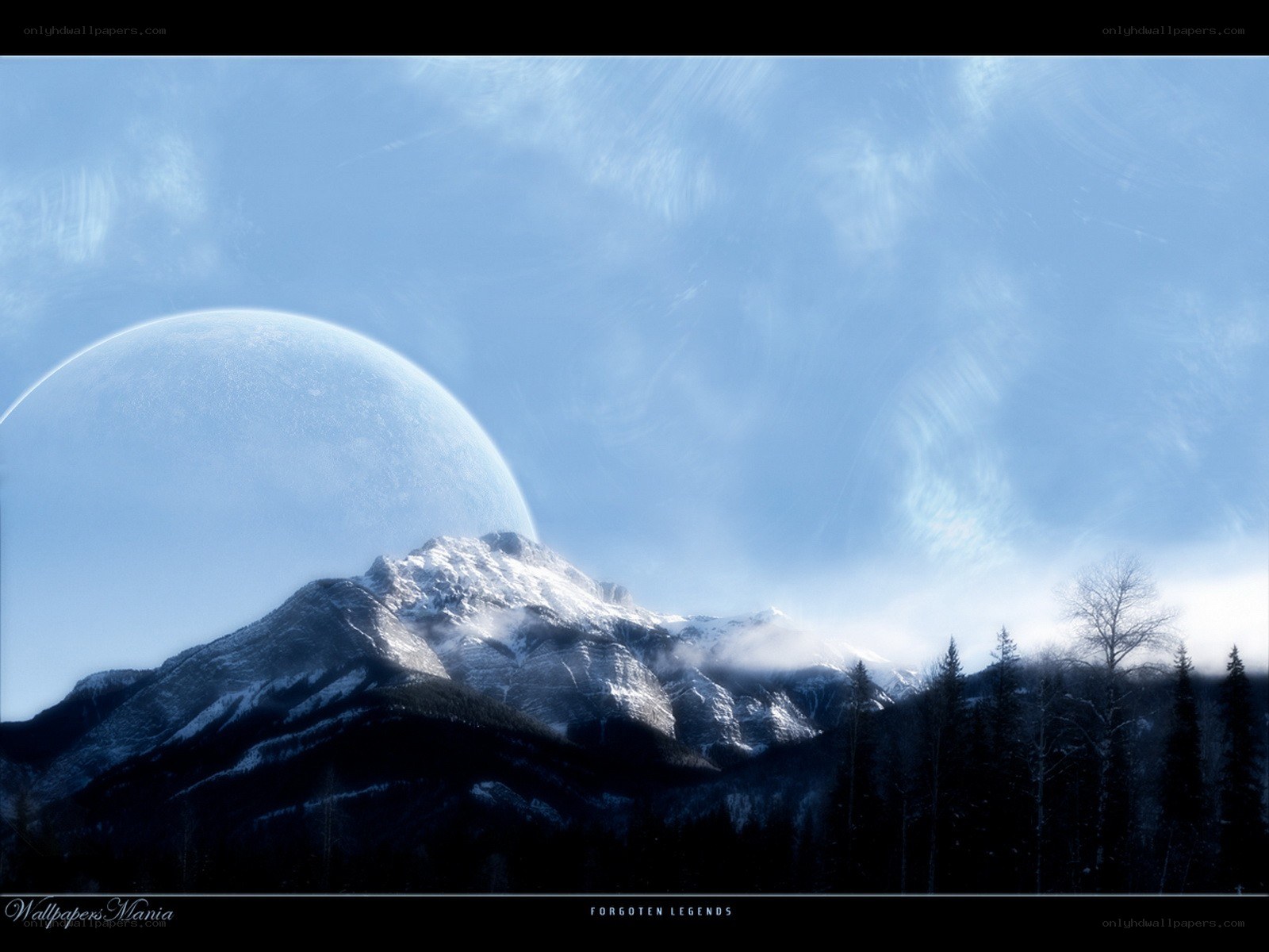 Snowy mountain with alien planet