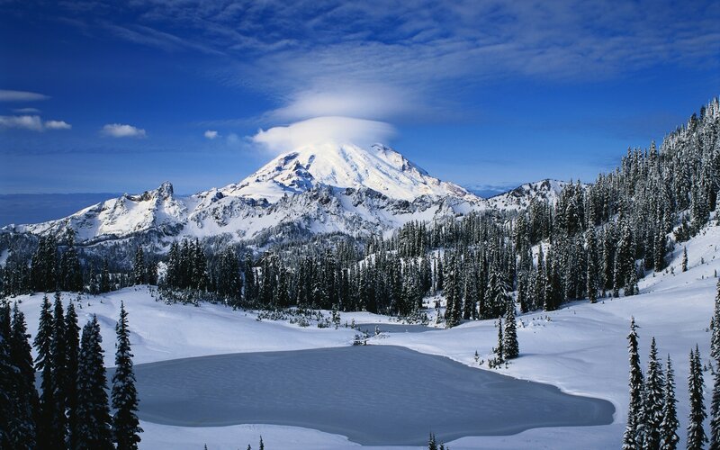 Snowy mountain with cloud cap