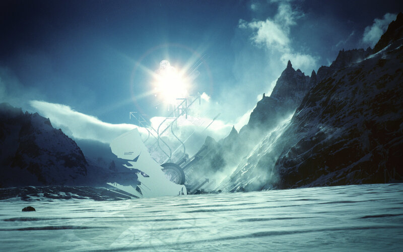 snowy mountain with glowing structure