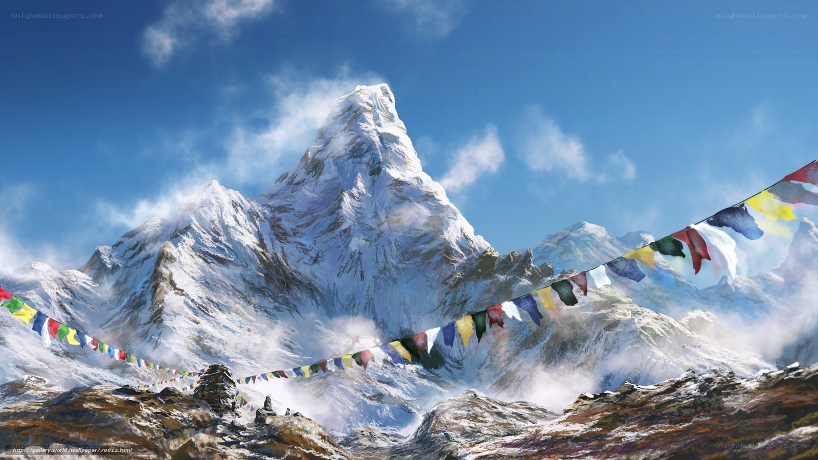 Snowy mountain with prayer flags