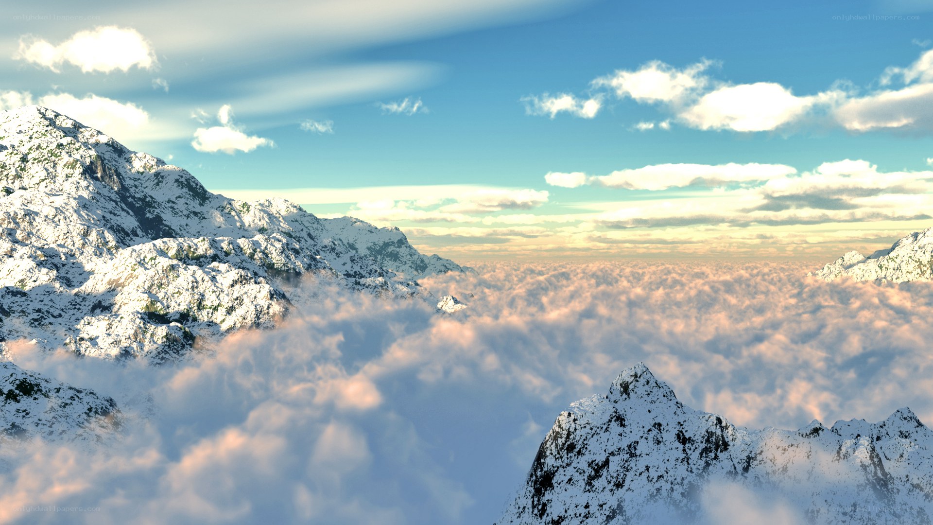 Snowy mountains above clouds