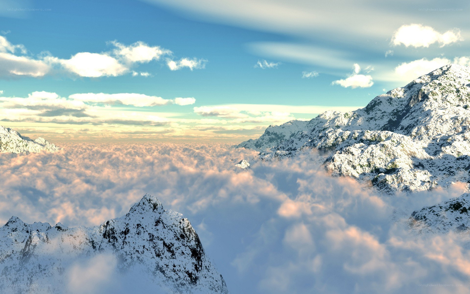 Snowy mountains above clouds