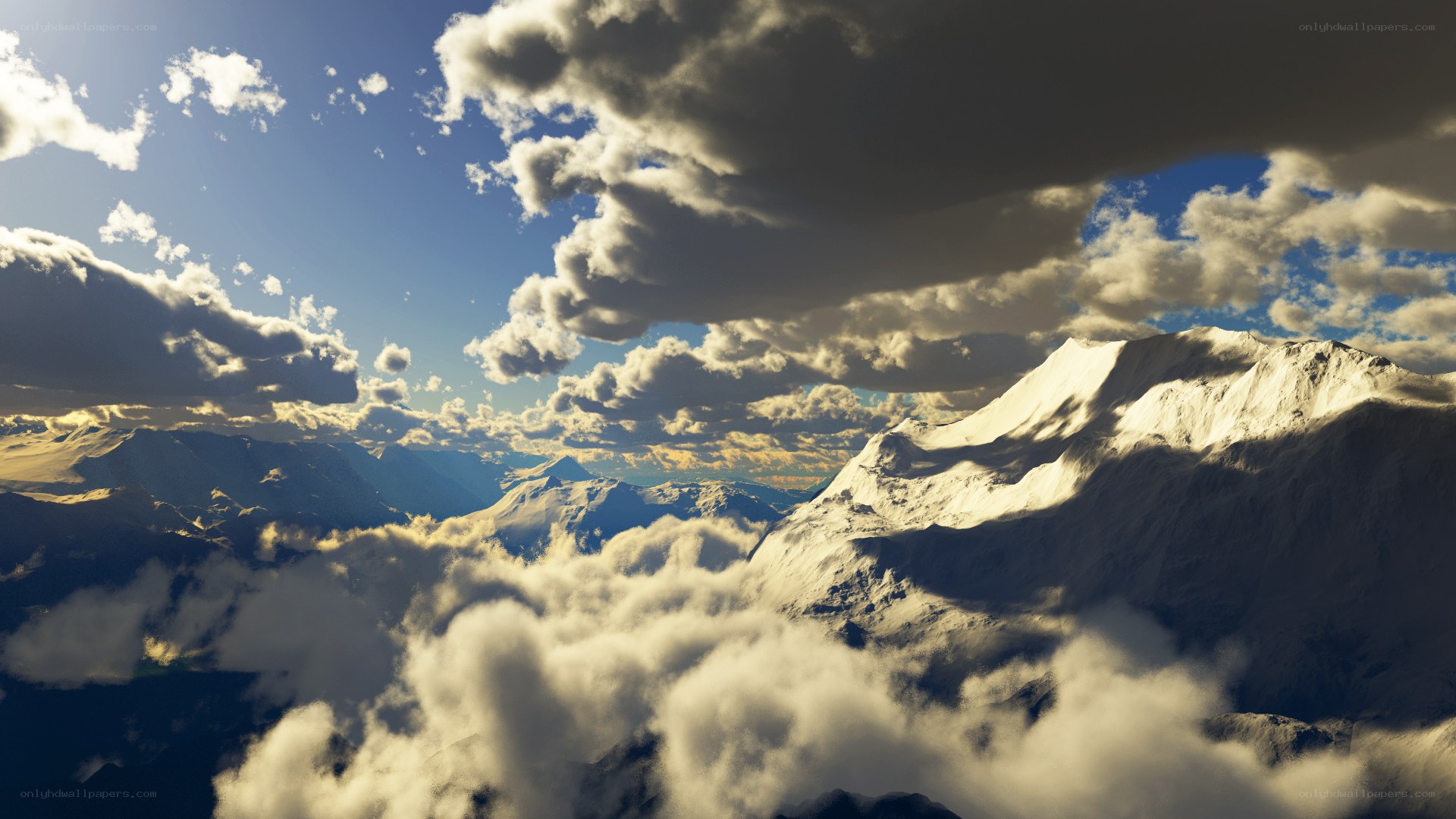 Snowy mountains above clouds