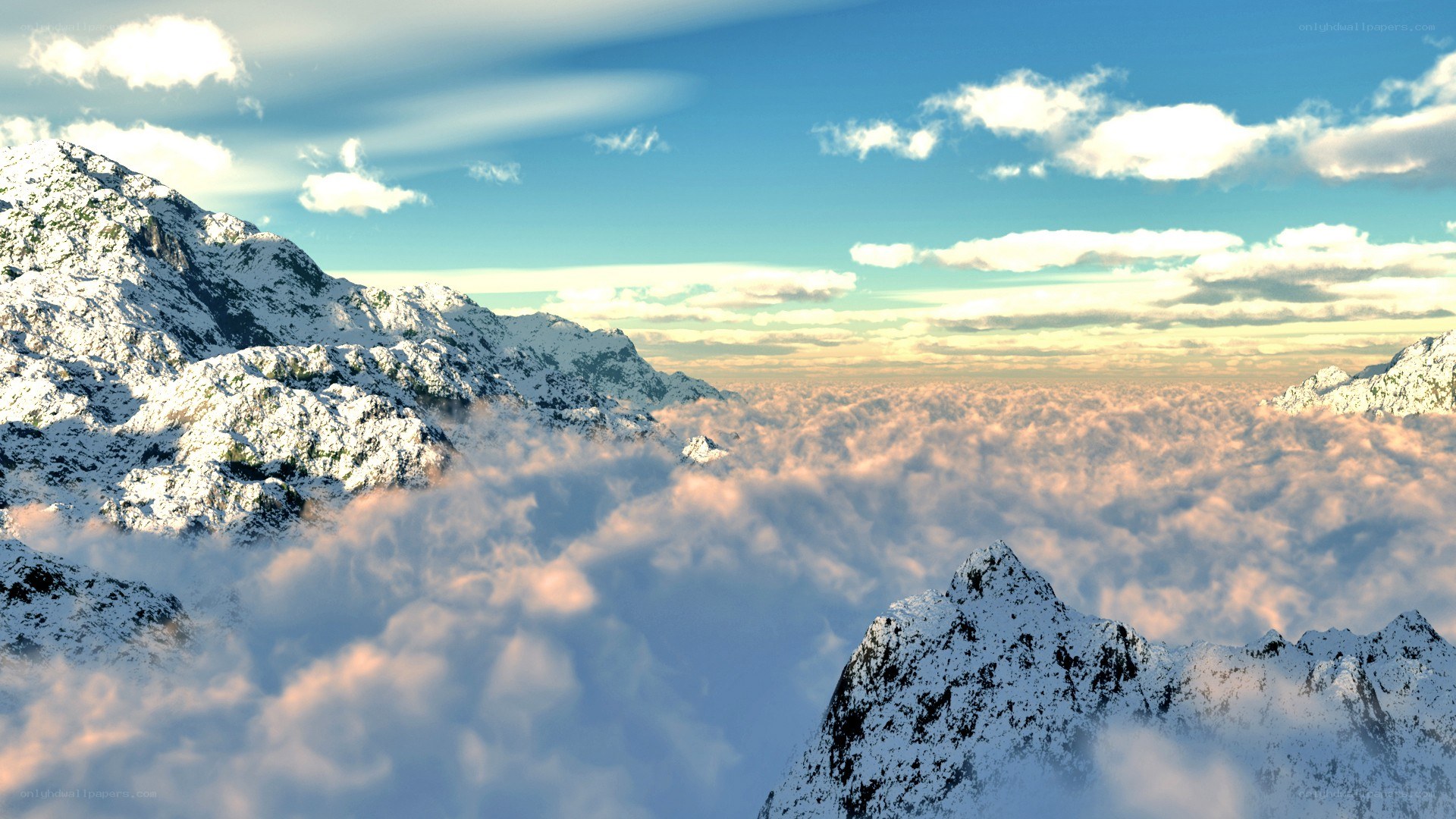 snowy mountains above clouds