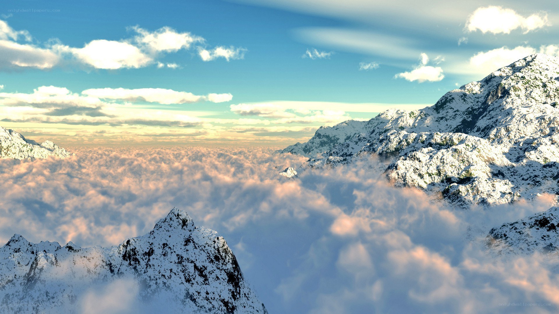 snowy mountains above clouds