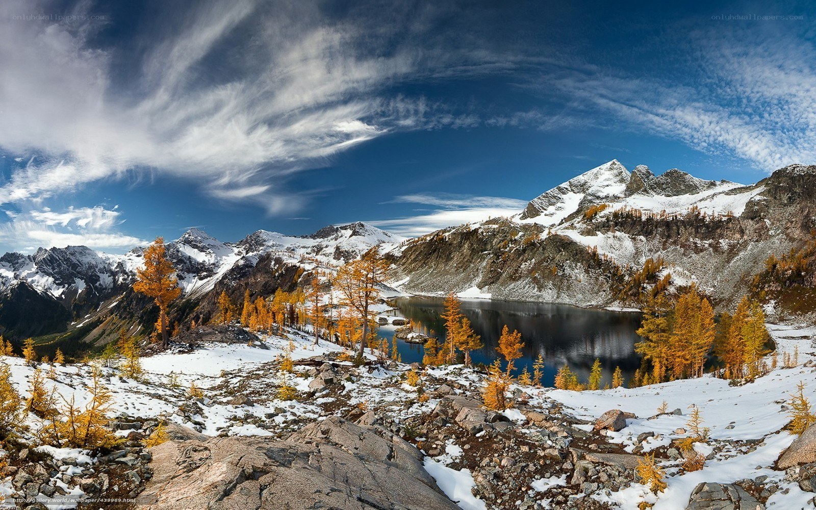 Snowy mountains and autumn lake