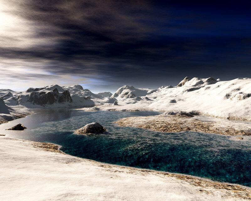 Snowy mountains and blue lake