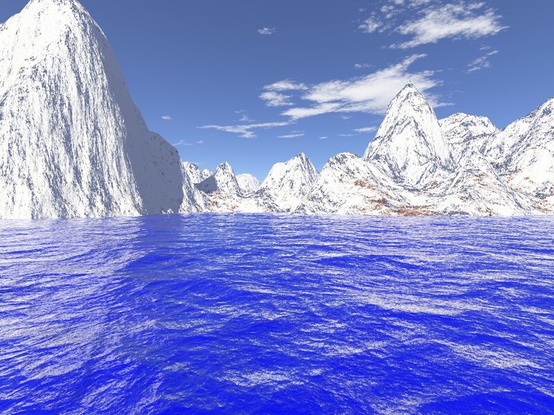 snowy mountains and blue sea
