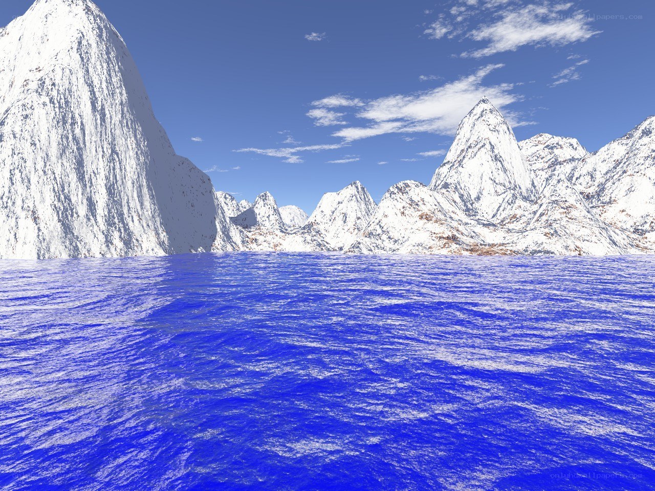 snowy mountains and blue sea