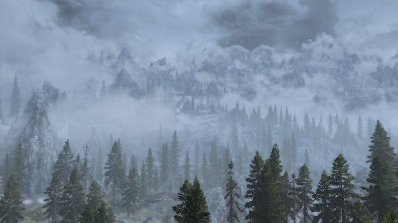 Snowy Mountains and Forest — Gray, Misty, Cold