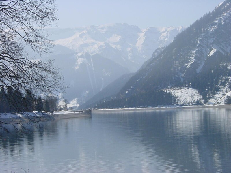 Snowy mountains and lake