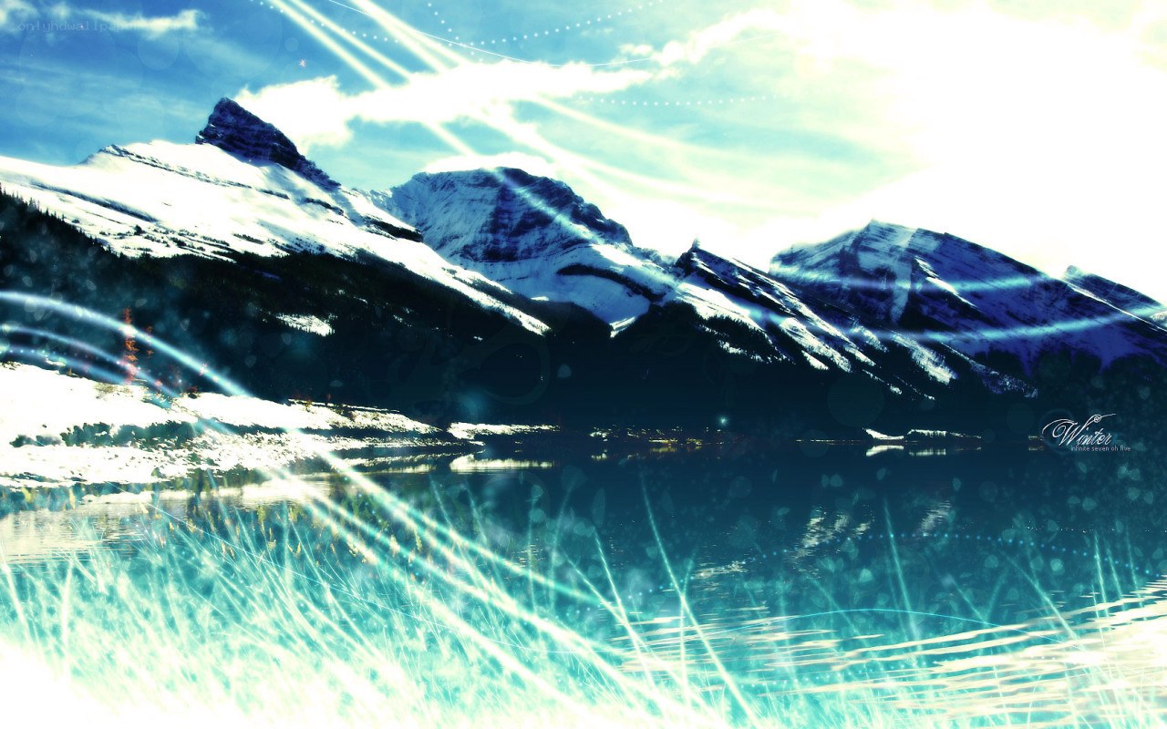 Snowy mountains and lake