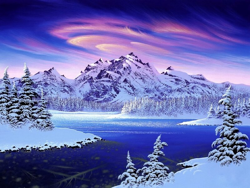 Snowy Mountains and Lake — Blue, Serene, Winter