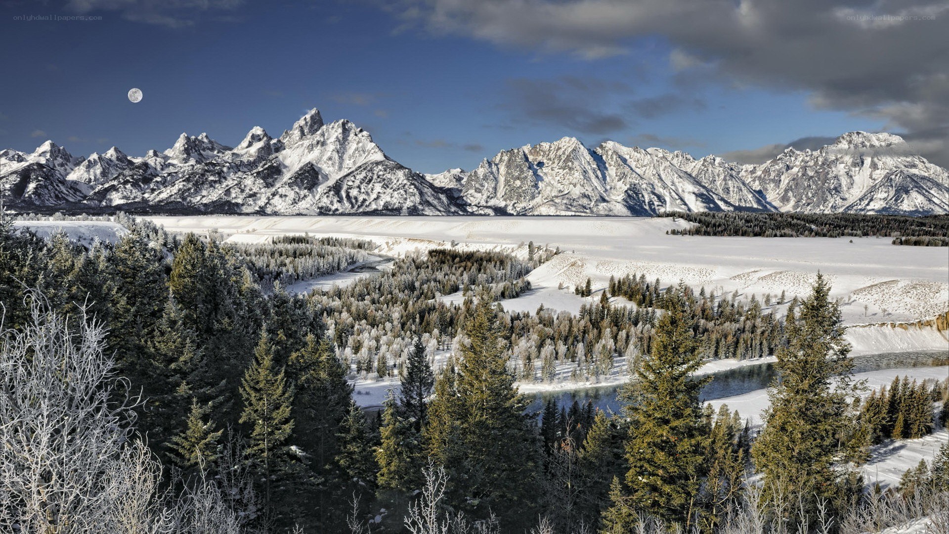 Snowy mountains and moonlit landscape