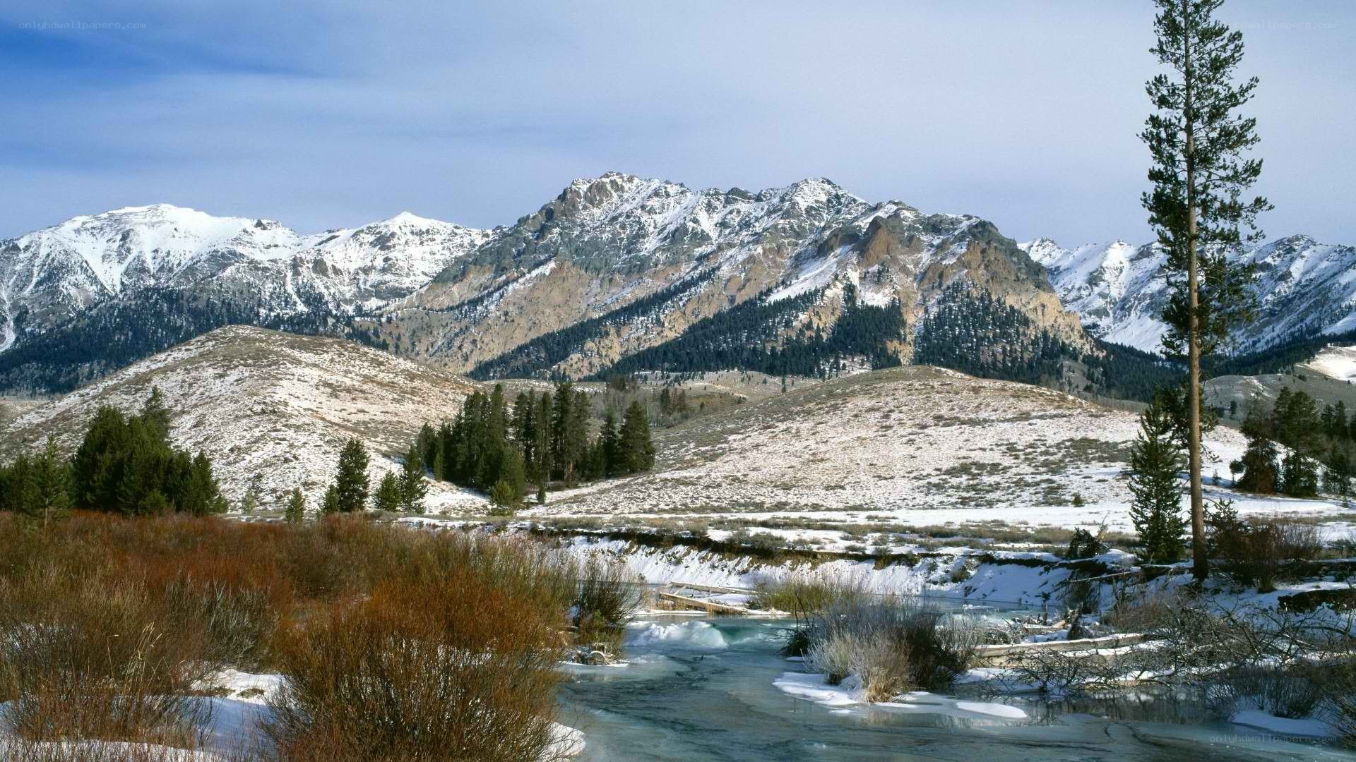 snowy mountains and river