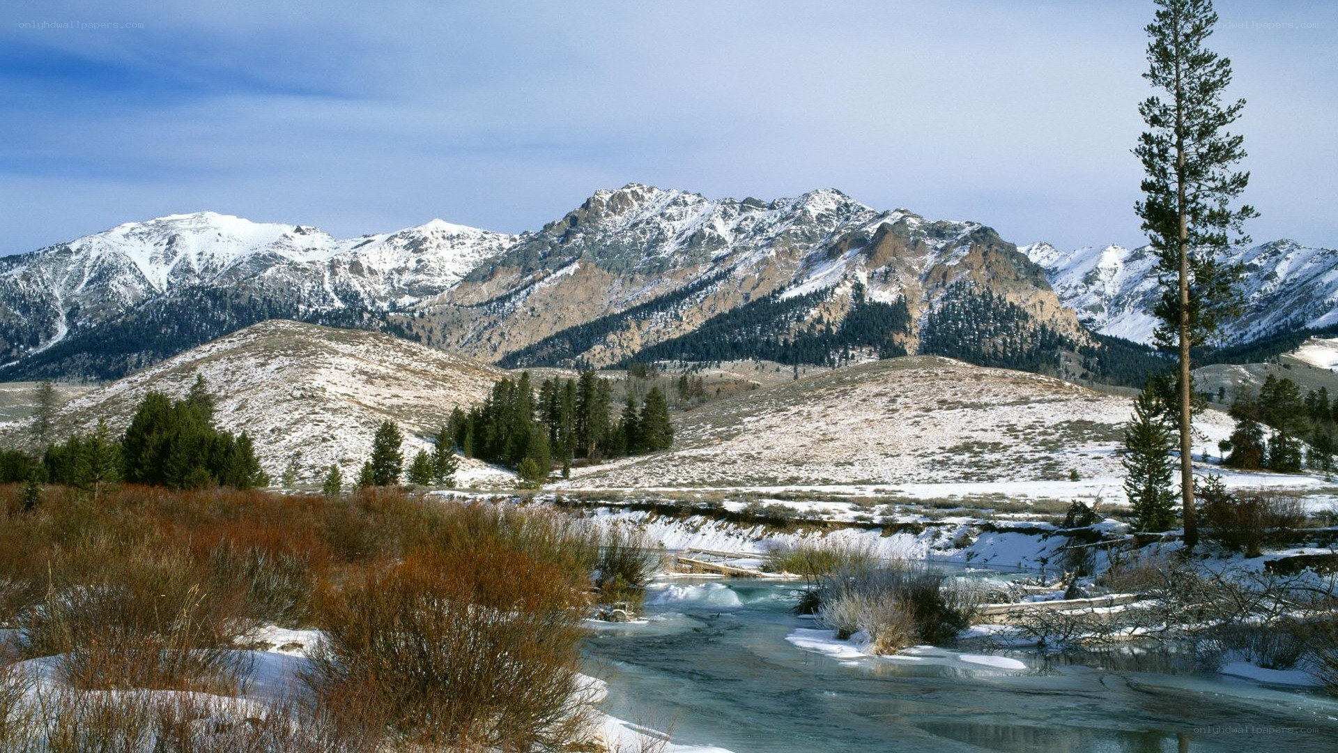 snowy mountains and river
