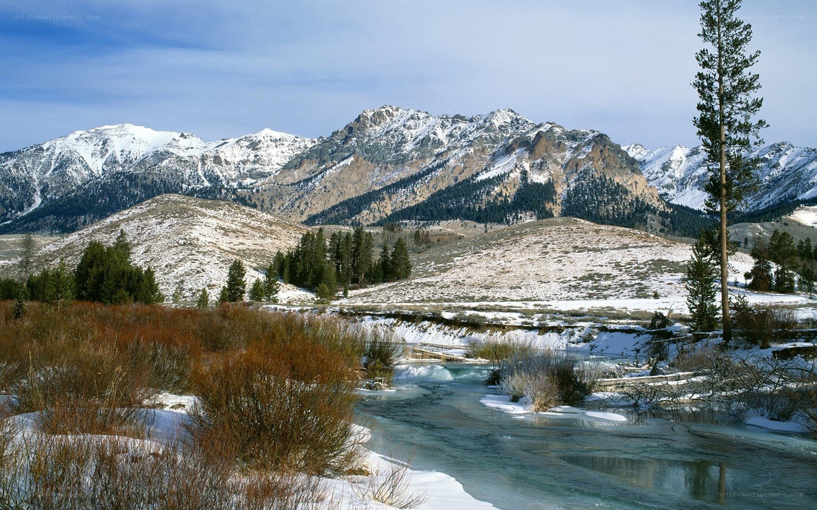 Snowy mountains and river