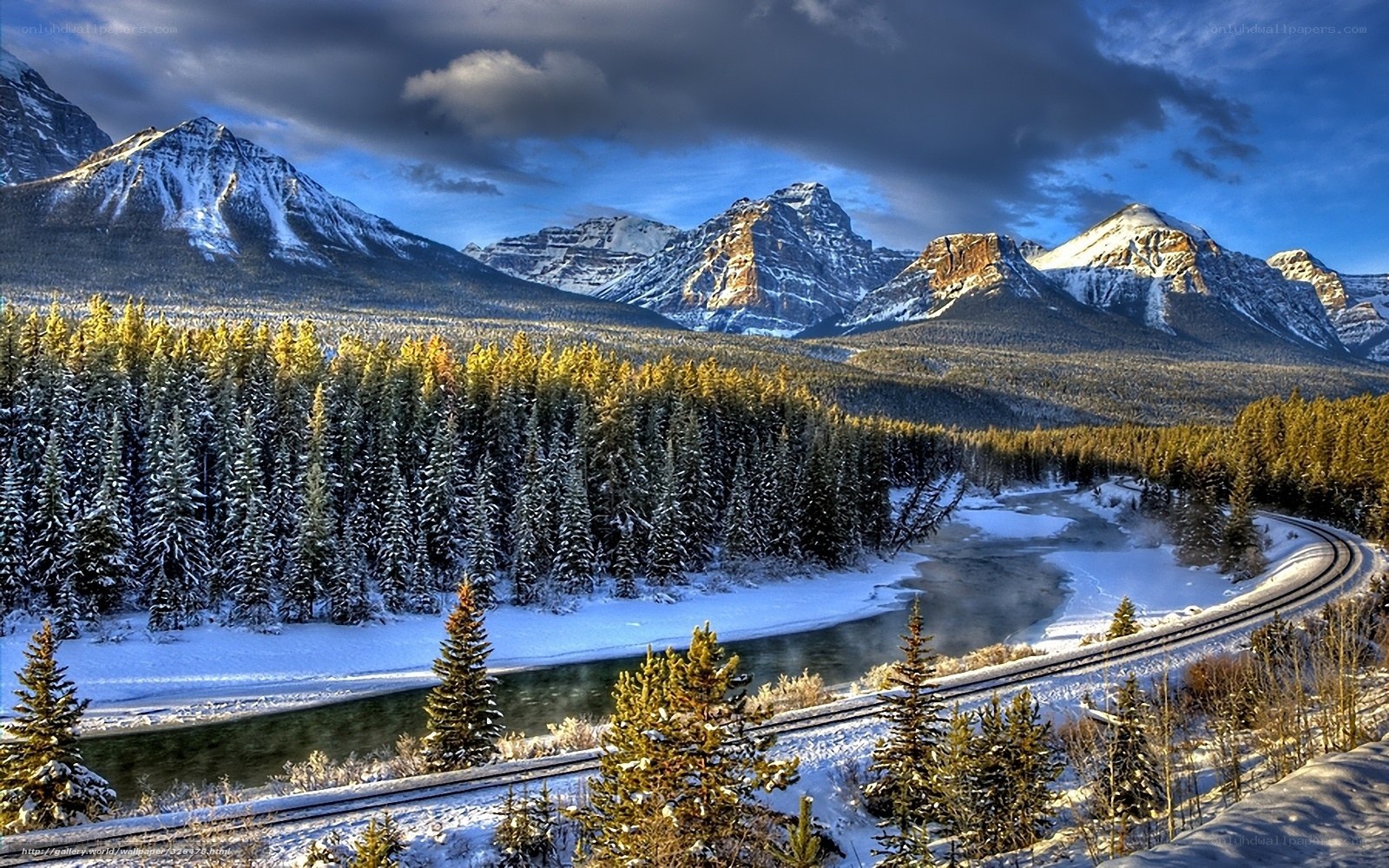 Snowy mountains and river landscape