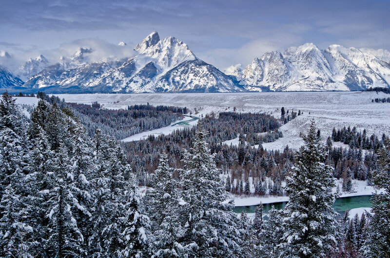Snowy mountains and river landscape