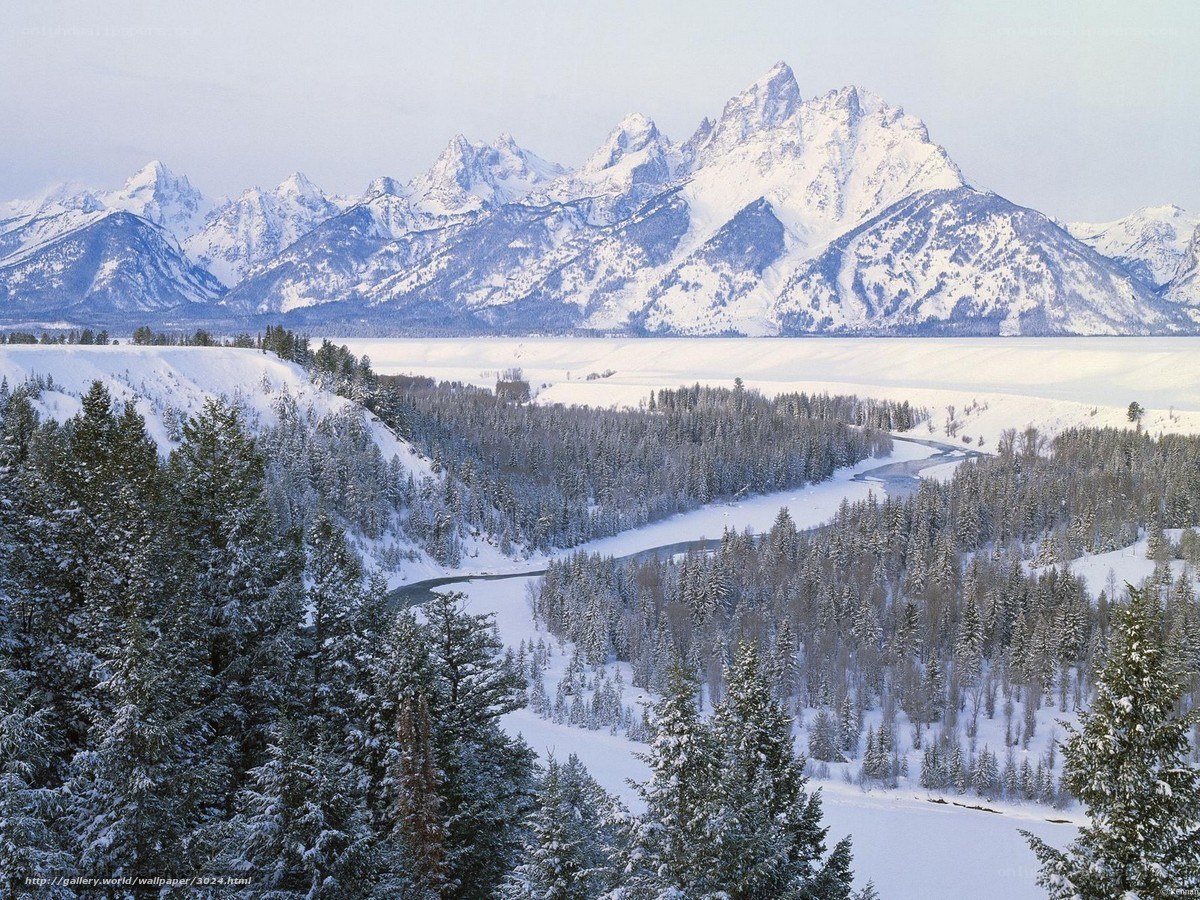 Snowy mountains and river landscape