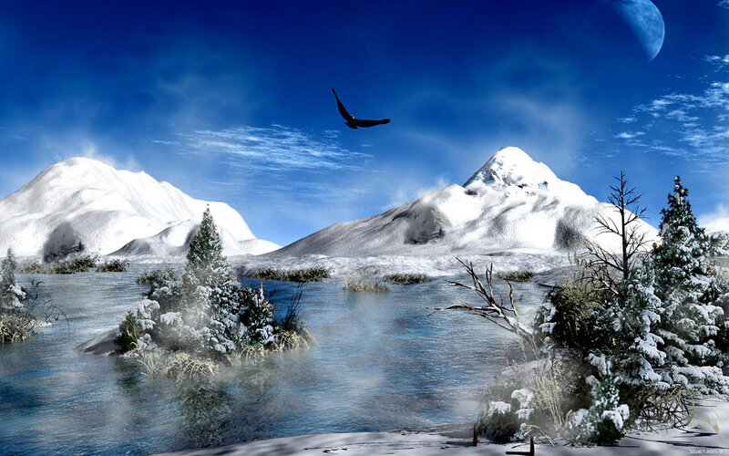 Snowy mountains and river scene