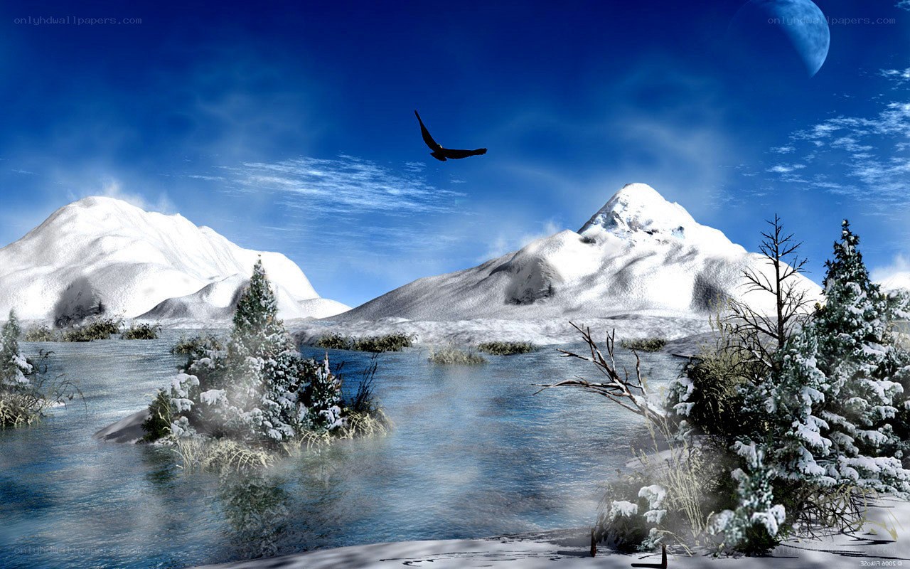 Snowy mountains and river scene