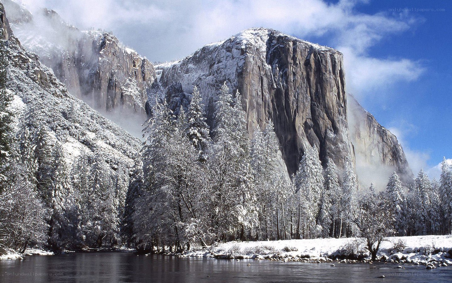 Snowy mountains and river