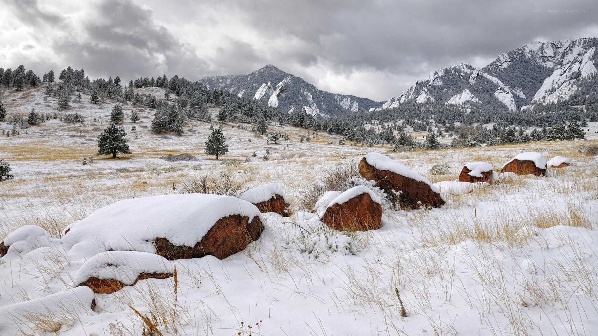 Snowy mountains and rocks