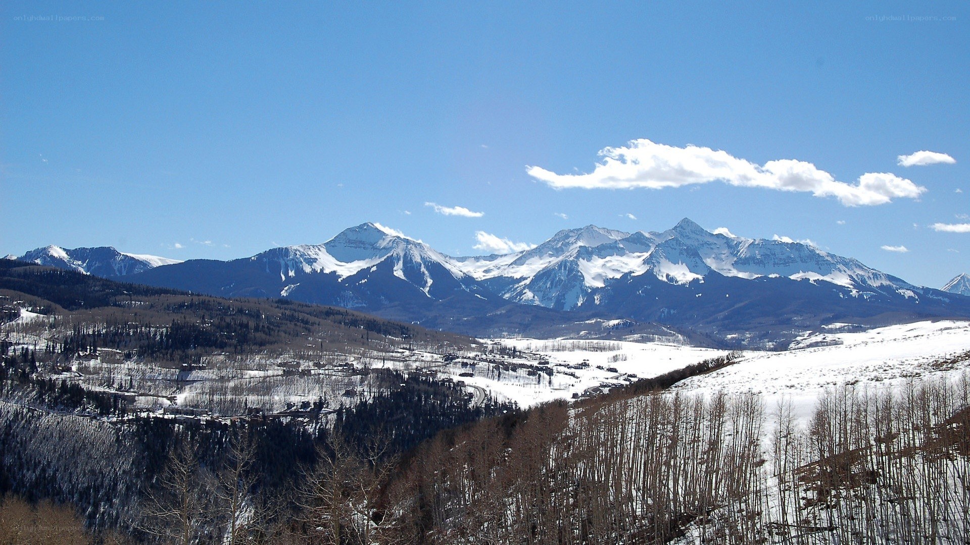 snowy mountains and valley