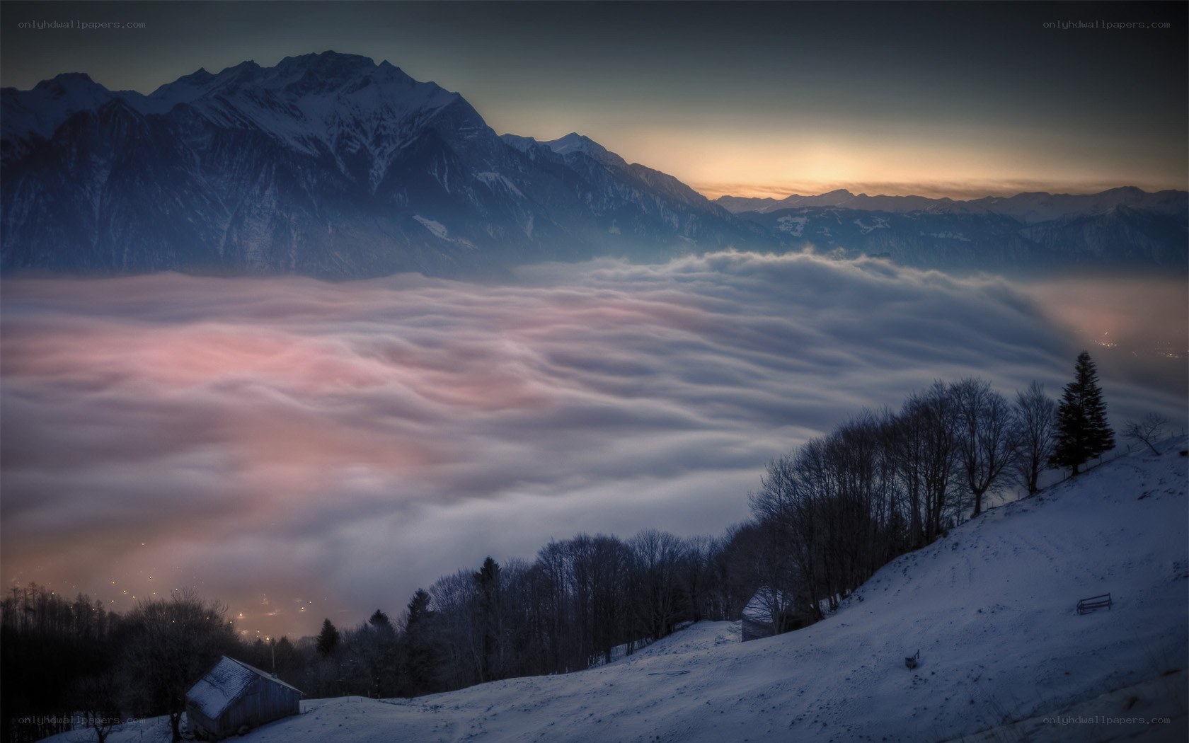 Snowy mountains at dawn
