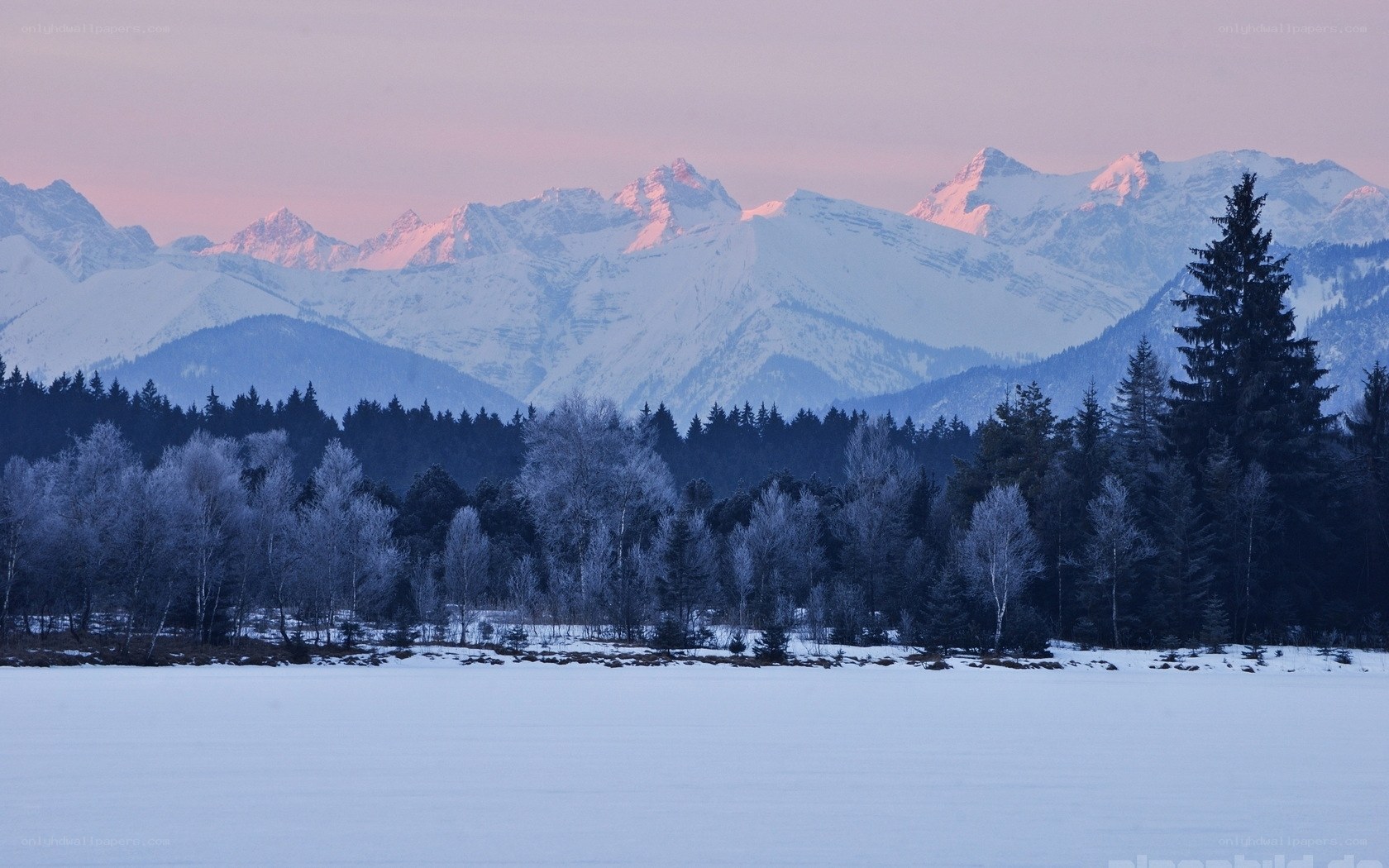 Snowy mountains at dawn