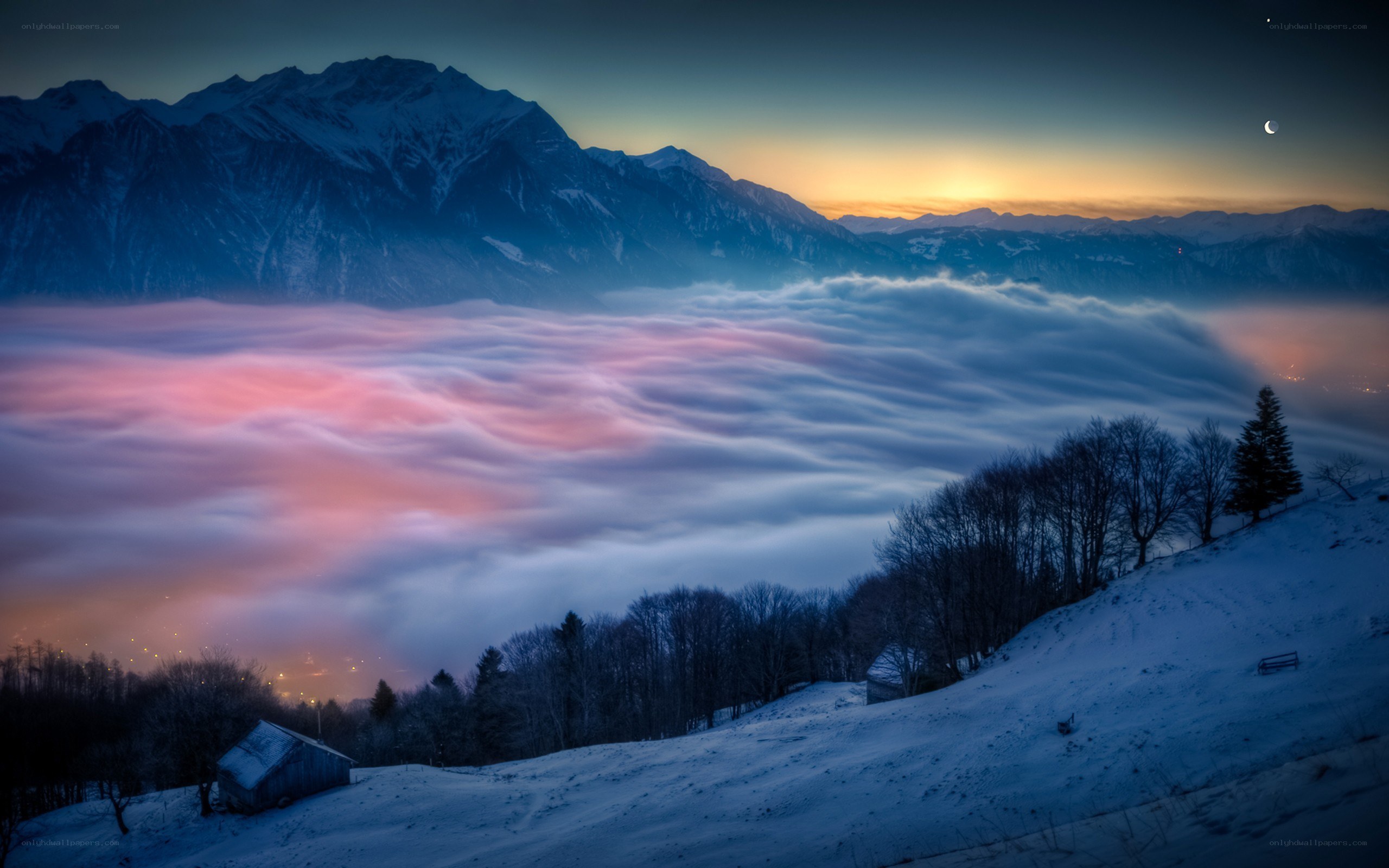 Snowy mountains at dawn