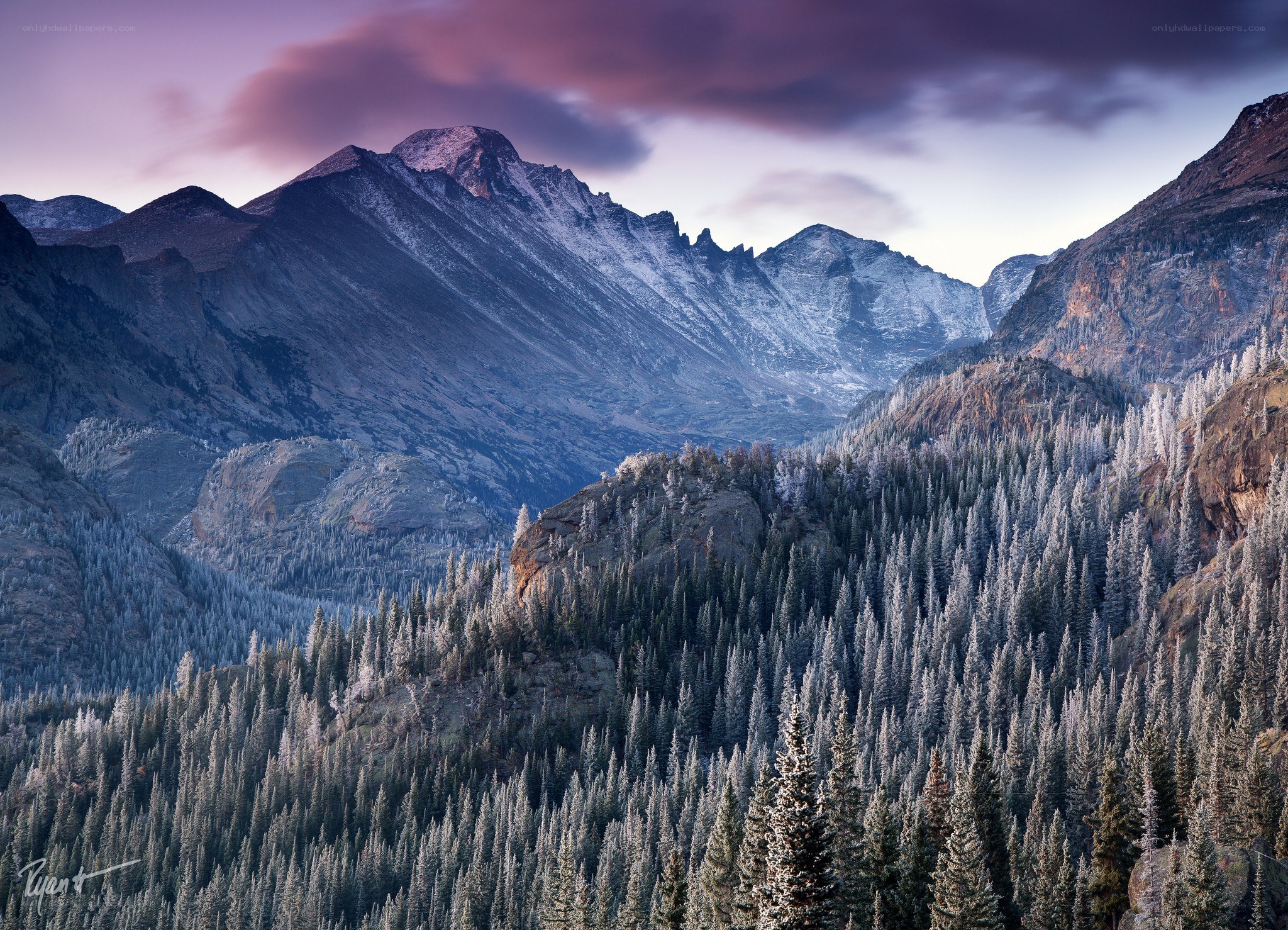 Snowy mountains at dusk