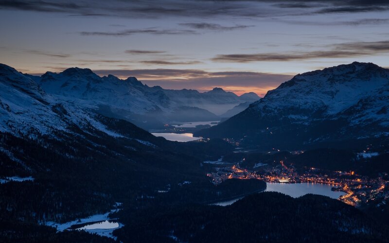 Snowy Mountains at Dusk — Blue, Serene, Night