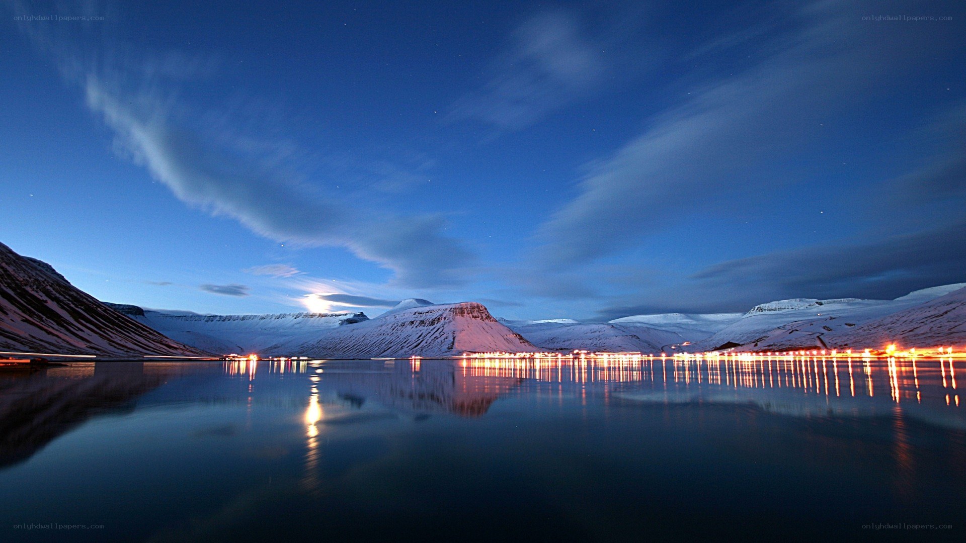 Snowy mountains at night